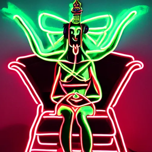 Prompt: neon baphomet on a throne with its disciples bowing down