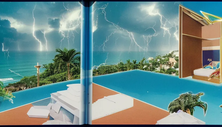 Prompt: A 1985 magazine architecture photo of a bedroom, mediterranean architecture, refracted lines and sparkles, thunderstorm outside, beach and Tropical vegetation on the background major arcana sky and occult symbols, hyperrealistic 8k uhd, award-winning, 1985