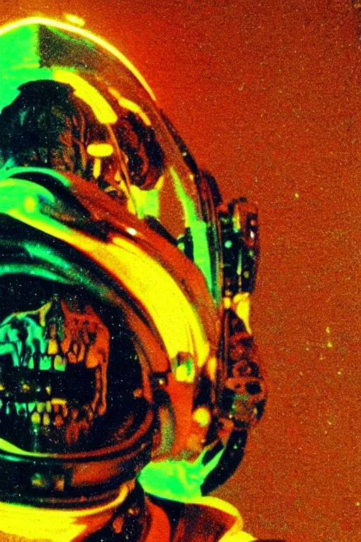 Image similar to astronaut with neon glowing skull, 1 9 6 0 s, color bleed, video compression, video glitch, vhs footage, akira kurosawa, mamoru oshii, wes anderson, stanley kubrick