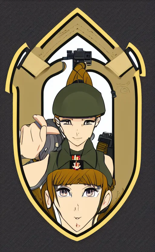 Prompt: shoulder patch design, soldier girl, anime style, clean logo design, military insignia, no text, soldier clothing, realistic military gear, 70mm, inspired by famous brands, made in photoshop, no background, vector line art, by professional designer, intricate, realistic human anatomy, meme culture, highly detailed, high resolution, for printing, contrast colors, realistic gun