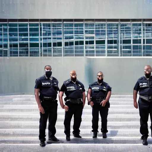 Prompt: a team of futuristic security guards standing for a group photo