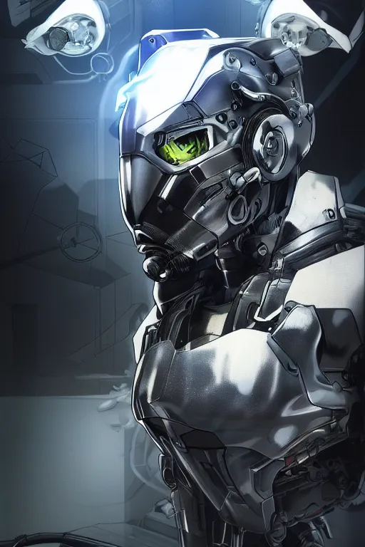 Image similar to cyber cyborg ninja mask helmet metal gear solid artic suit swat commando, global illumination ray tracing hdr fanart arstation by sung choi and eric pfeiffer and gabriel garza and casper konefal, a spectacular view cinematic rays of sunlight comic book illustration, by john kirby