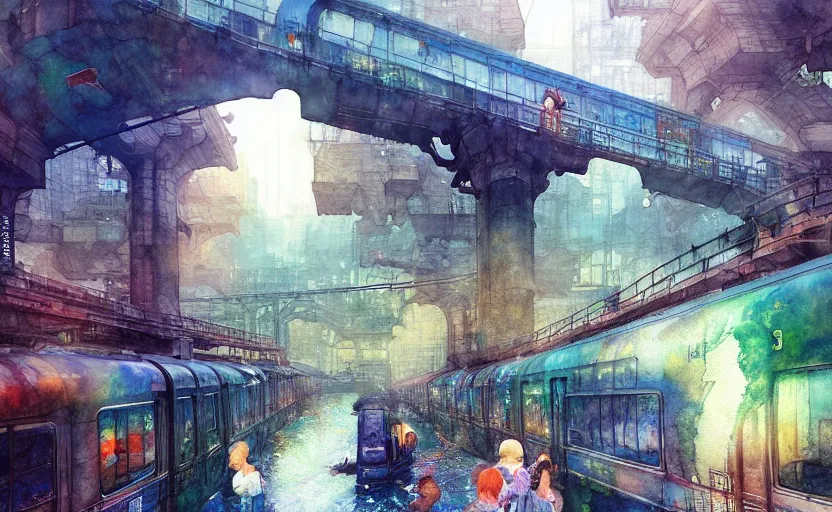 Image similar to an urban train rides inside of a waterway on a fantasy city. intricate, amazing composition, colorful watercolor, by ruan jia, by maxfield parrish, by marc simonetti, by hikari shimoda, by robert hubert, by zhang kechun, illustration, gloomy