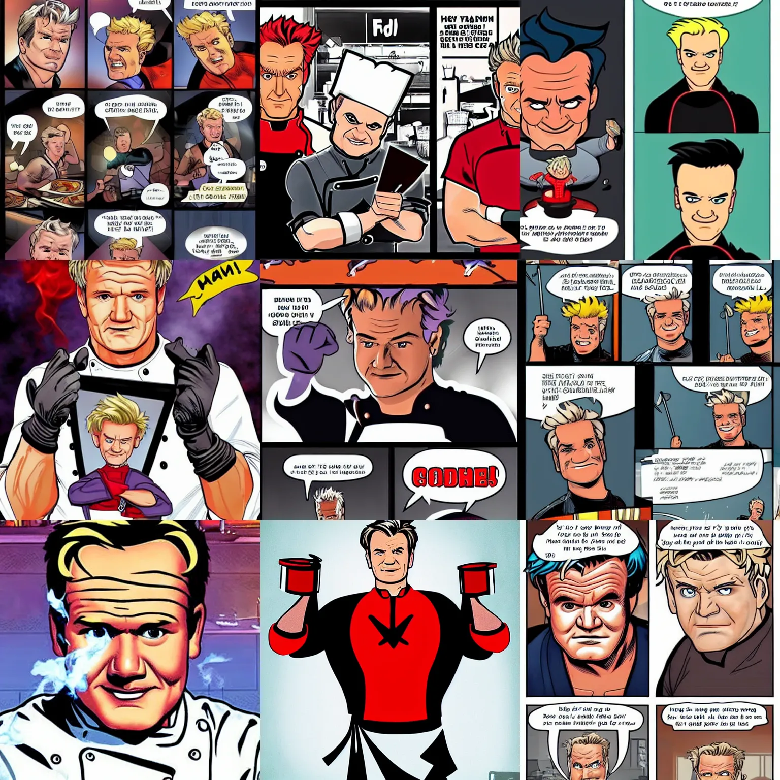 Prompt: Gordon Ramsey as a chef-themed superhero in the style of Marvel Comics