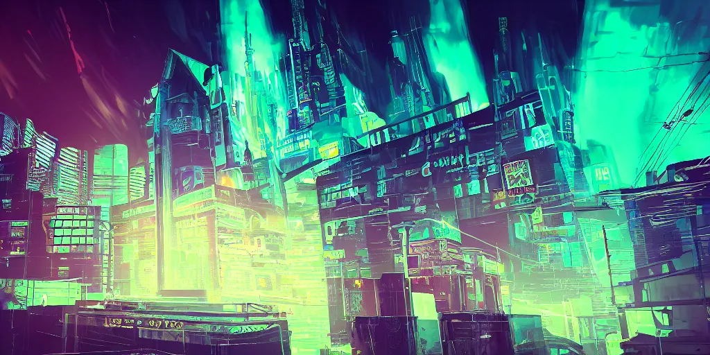 Prompt: Cyberpunk church, high detail, smoke, sharp, neon lights, neon cross