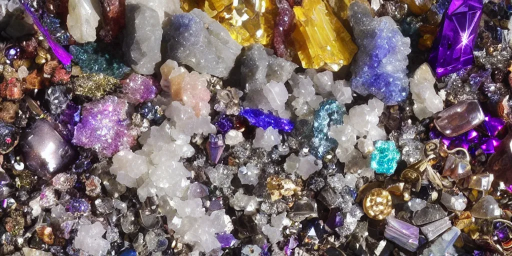 Image similar to a collection of shiny sparkly crystals and minerals