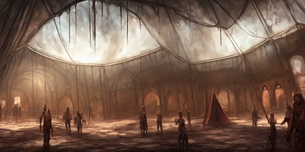 Prompt: inside of a merchant tent, matte oil painting, rusted cathedrals in the background, retrofuturistic, concept art, science fantasy, mutant, lgbt, queer, rpg, epic, rust, white salt, badlands, slime, jungles, dungeons & dragons, sacred, sharp focus, award - winning, extremely detailed, 4 k, 8 k