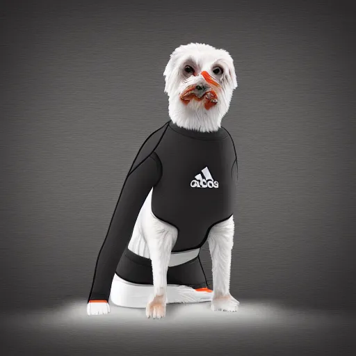 Image similar to a standing dog in an adidas full body suit, digital art