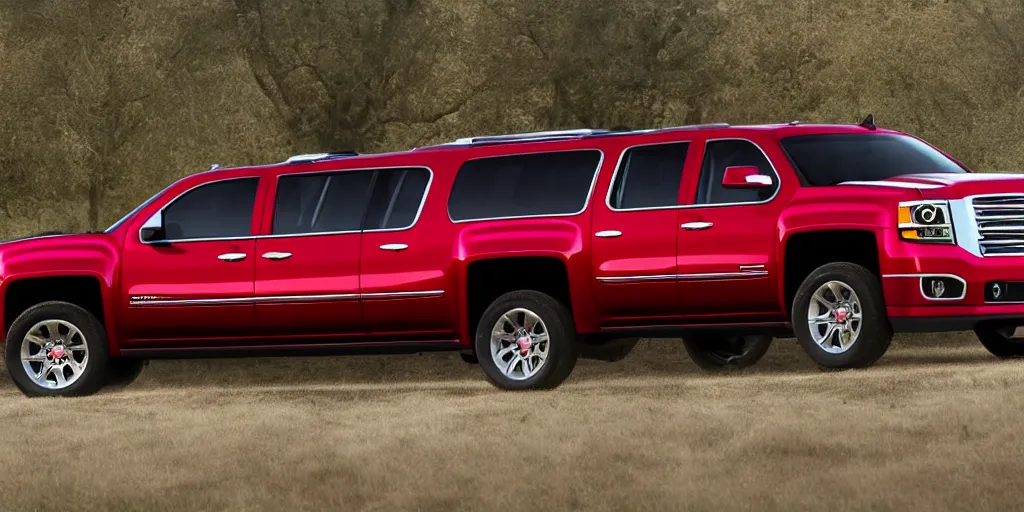 Prompt: A red SUV designed from a 2014 Chevrolet Suburban and 2013 GMC Sierra, wide shot