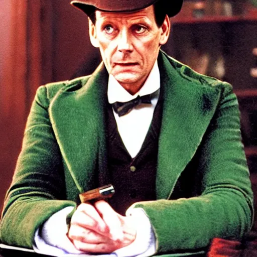 Prompt: Jeremy Brett as Sherlock Holmes as a powerful Warlock, with green energy emanating from his eyes.