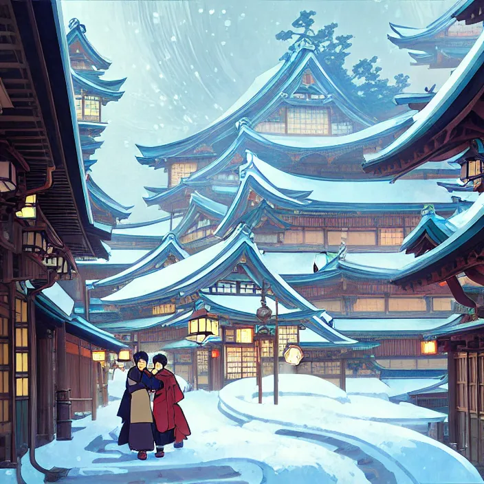 Image similar to japanese city, winter, in the style of studio ghibli, j. c. leyendecker, greg rutkowski, artem