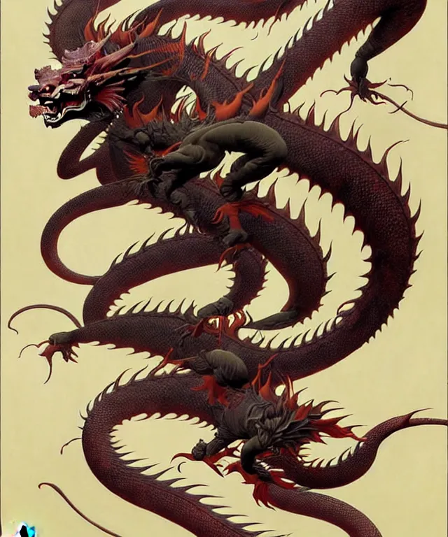 Prompt: japanese style dragon in the style of peter mohrbacher, wayne barlowe, gustav moreau, bussiere, roberto ferri, santiago caruso, luis ricardo falero, austin osman spare,