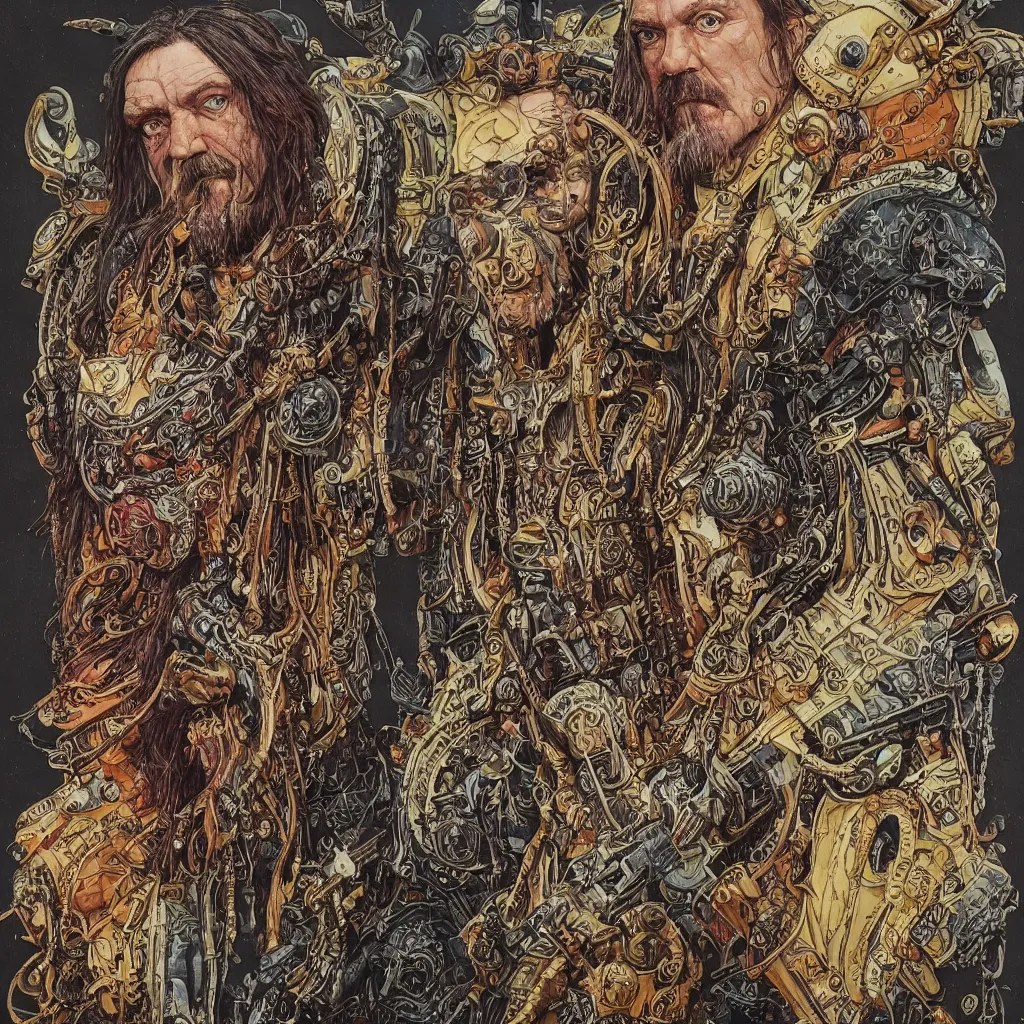Prompt: A dramatic full-color art nouveau and tribal scandinavian styled bust panorama portrait of lemmy kilmister as a tarnished panzer tank ship god-king of the universe, hyperdetailed mixed media artwork combining the styles of Travis Charest, Michael Whelan, Bill Sienkiewicz, Duncan Fegredo, Simon Bisley, Alphons Mucha, Dave McKean and Karol Bak, vast power, stoicism, pessimism, confidence, perfectly symmetrical facial features, 8k, deeply hyperdetailed, cinematic lighting, realistic mechanical details, 8k, UHD, HDR