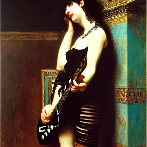 Image similar to Goth girl playing electric guitar by Mario Testino, oil painting by Lawrence Alma-Tadema, masterpiece