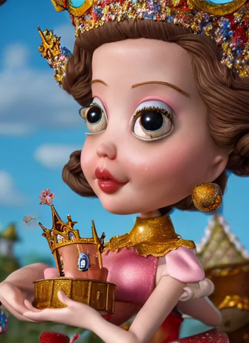 Image similar to highly detailed closeup, face profile portrait of a tin toy fairytale princess wearing a crown eating cakes, bikini, unreal engine, by nicoletta ceccoli, mark ryden, lostfish, dan decarlo, bob clampett, max fleischer, global illumination, detailed and intricate environment