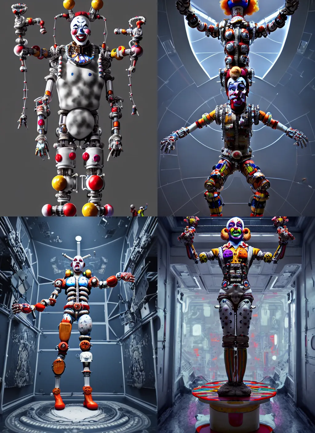 Prompt: , high detailed clown - themed space station interior, a statue clown on cross made of clown marble, perfect symmetrical body, full body shot, clown biomechanical, wearing epic bionic cyborg implants, masterpiece, intricate, biopunk, vogue, highly detailed, artstation, concept art, background clown, cyberpunk, octane render