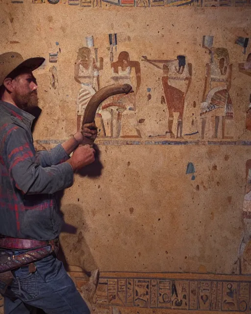 Image similar to detailed painting of an american lumberjack in the tomb of toutankhamon of egypt, deep focus, good lighting, rules of composition, intricate, greg rutkowski, magali villeneuve and monet