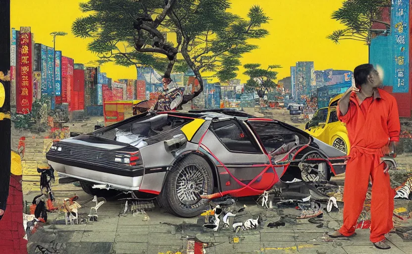 Image similar to a red delorean and a yellow tiger in ajegunle slum of lagos - nigeria, painting by hsiao - ron cheng, utagawa kunisada & salvador dali, magazine collage style,