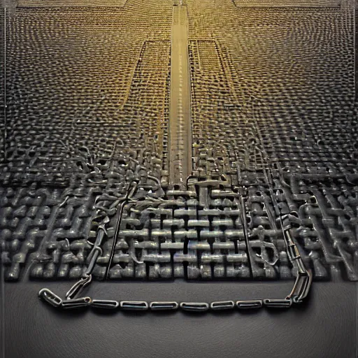 Image similar to A beautiful hyper realistic detailed painting of a chain of blocks, a cybernetic hybrid of 2 gigantic tall skyscaper sized quantum computers and a block espresso machine on a vast black granite tarmac, connected by gold and silver cables and chains, by Beksinski, beeple, unreal engine, computer hardware commercial photography