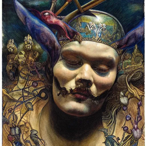 Image similar to the masked prince wearing the plasma crown, by Annie Swynnerton and Diego Rivera and Elihu Vedder, symbolist, dramatic lighting, elaborate geometric ornament, tattoos, Art Brut, soft cool colors,smooth, sharp focus, extremely detailed, Adolf Wölfli and Donato Giancola