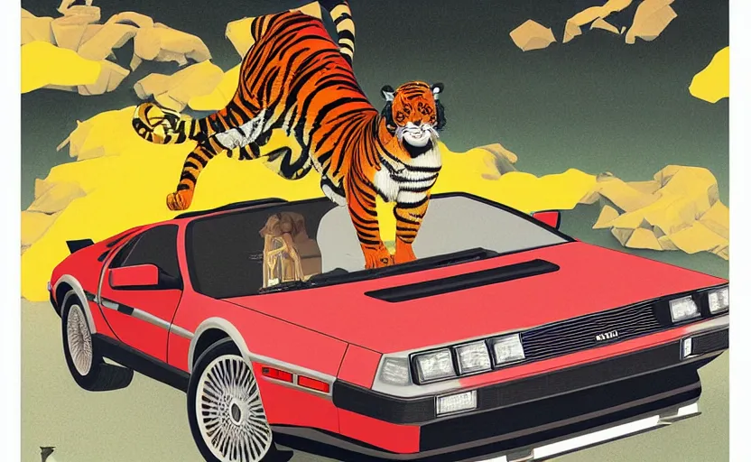 Image similar to a red delorean and a yellow tiger body, painting by hsiao - ron cheng & utagawa kunisada, magazine collage style,