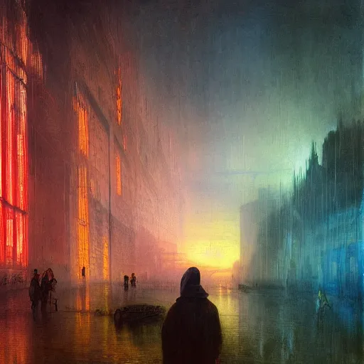 Image similar to futuristic cyberpunk neon cityscape with hooded figure in foreground painted by William Turner 1860