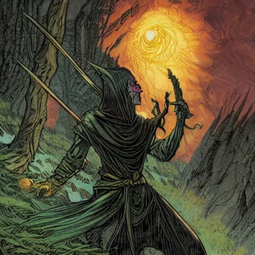 Image similar to the dark hooded thief with a glint in his eye slays the morrigan, beautiful and terrible, on a cliffside. award winning fantasy concept art by rebecca guay and dan mumford.