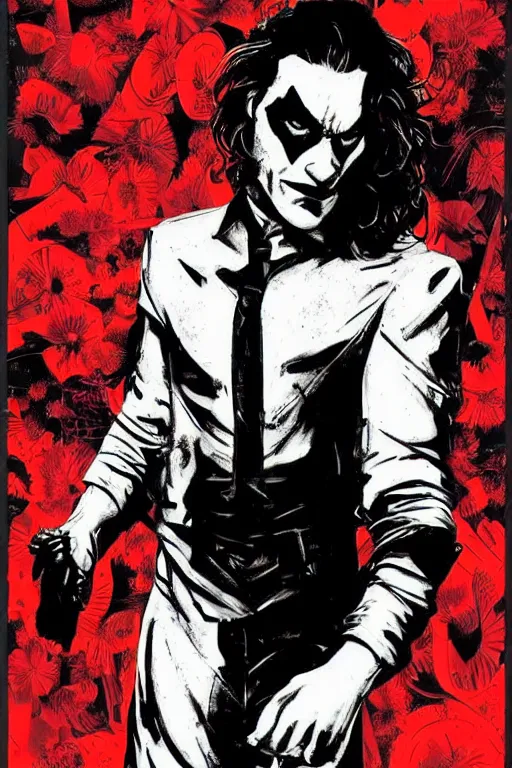Image similar to joaquin phoenix, little bruce wayne, red flower, joker, comic book cover, issues 2 0, by dc comics, justify content center, delete duplicate object content!, violet polsangi pop art, gta chinatown wars art style, bioshock infinite art style, incrinate, realistic anatomy, hyperrealistic, 2 color, white frame, content balance proportion