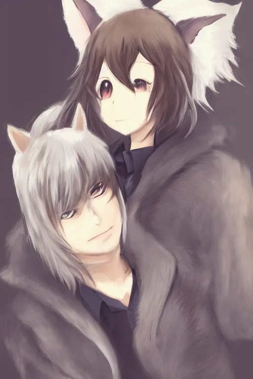 Image similar to portrait of an anime guy with wolf ears and tail, trending on pixiv, by kawacy