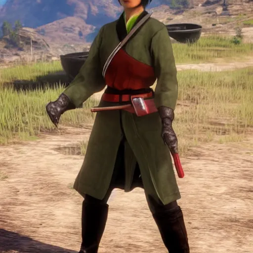 Image similar to toph beifong in red dead redemption 2, blind, character render, full body shot, highly detailed, in game render