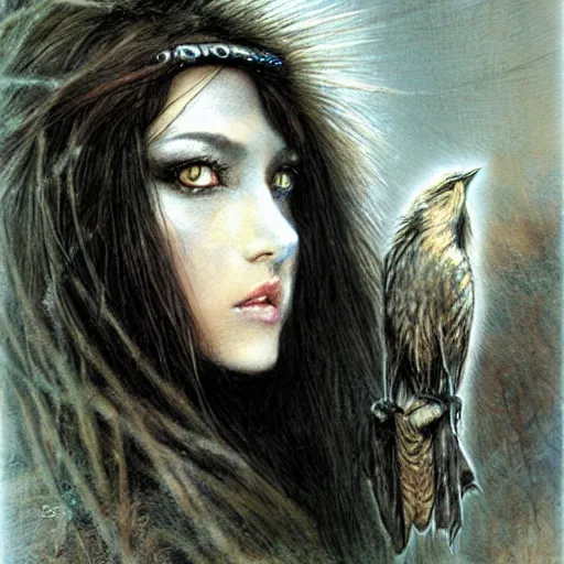 Image similar to young teen female with crow head , painting by Luis Royo