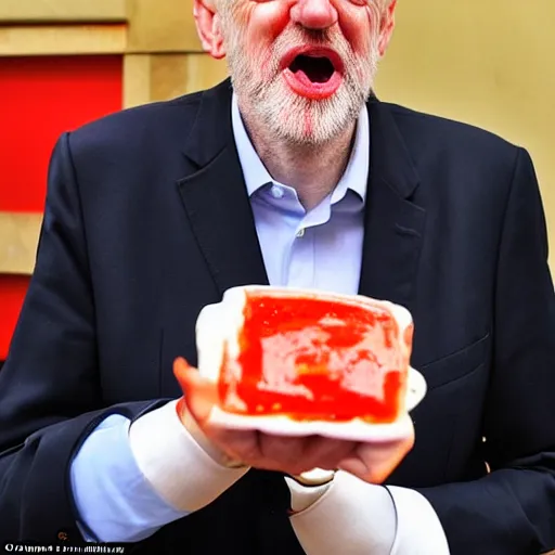 Prompt: jeremy corbyn with a crazed look on his face with one hand filled with ketchup and one hand filled with cheese