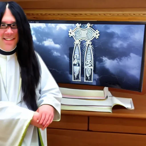 Image similar to new catholic priest vtuber streaming on a computer