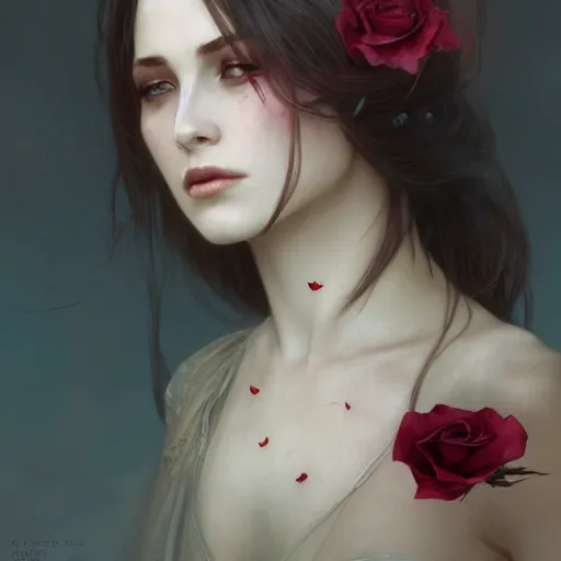 Prompt: portrait of beautiful vampire, thorns everywhere, rose petals, headshot, pale skin, 4k, rule of thirds, extreme detail, detailed drawing, trending artstation, hd, fantasy, D&D, realistic lighting, by Alphonse Mucha, Greg Rutkowski