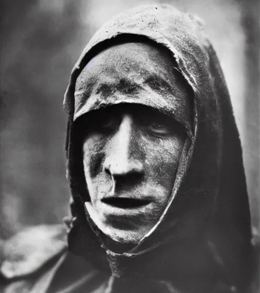 Prompt: a man at distance wearing hooded mask covering his entire face, ww1 film photo, grainy, high detail, high resolution