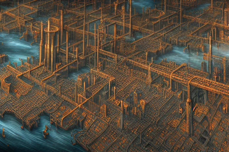 Image similar to an elaborate penned illustration of a apocalyptic intricate connected city of tubes and pipes, muted colors, copper pipers, by jan van haasteren and jheronimus bosch, unreal engine, physically based rendering, ariel view, tilt - shift, grim, moody, shiny, industrial, water, smoke, reflective, cinematic, isometric