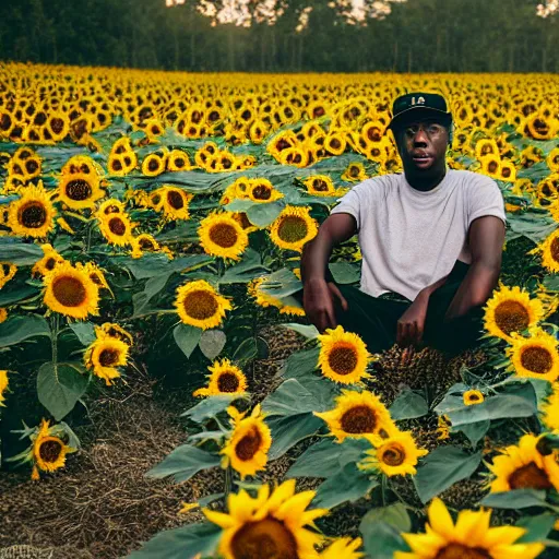 Image similar to tyler, the creator sitting in the middle of a sunflower field, photography, photoshoot, color grading, photojournalism, dslr, instax, warm color palette, colorful, tonal colors, complimentary - colors, triadic - colors, happy, sad, angelic, good, infused, feng shui, soft body, cloth, plant, flowers, floral, by claude monet