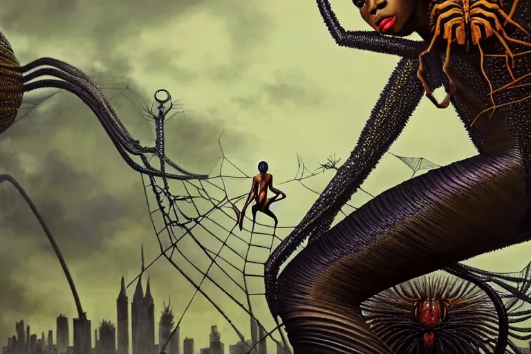 Image similar to realistic detailed closeup portrait movie shot of a beautiful black woman riding a giant spider, dystopian city landscape background by denis villeneuve, amano, yves tanguy, alphonse mucha, max ernst, ernst haeckel, edward robert hughes, roger dean, cyber necklace, rich moody colours, sci fi patterns, wide angle