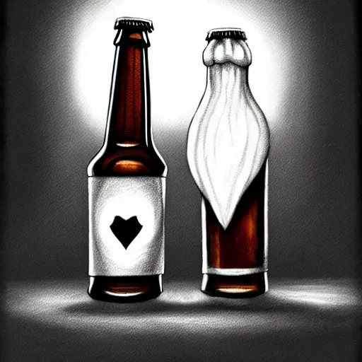 Prompt: two beers, many white hearts, friendship, love, sadness, dark ambiance, concept by Godfrey Blow, featured on deviantart, drawing, sots art, lyco art, artwork, photoillustration, poster art