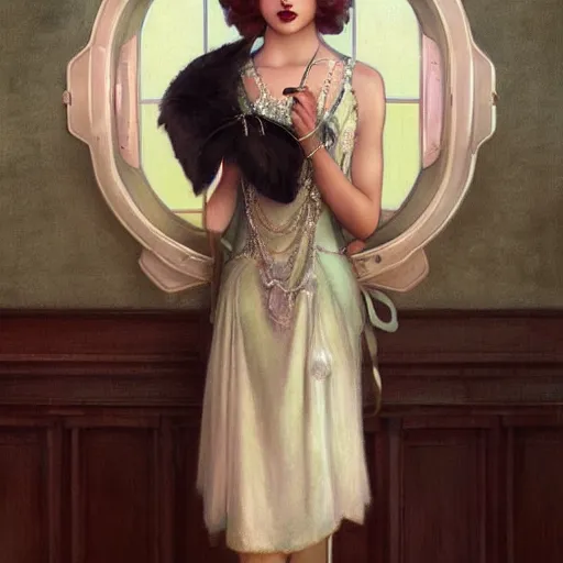 Prompt: 1920s girl ready for fancy afternoon tea with friends, highly detailed, digital painting, cgsociety, concept art, sharp focus, illustration, art by artgerm and greg rutkowski and alphonse mucha