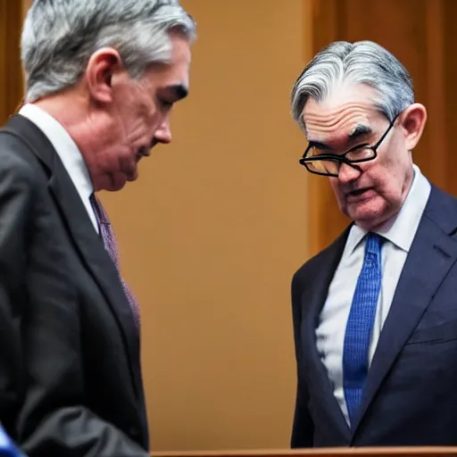 Prompt: Jerome Powell debating a grizzly bear