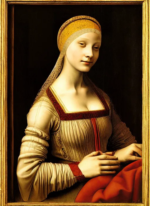 Image similar to portrait of young woman in renaissance dress and renaissance headdress, art by leonardo da vinci