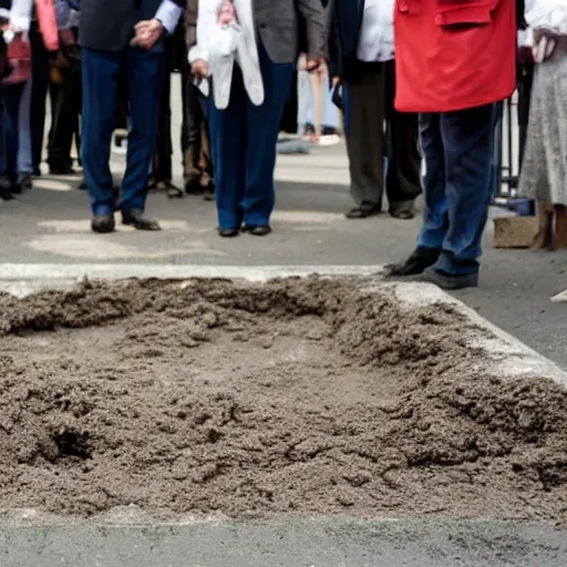 Prompt: photograph of margaret thatcher buried beneath a paved road