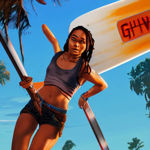 Image similar to zoe kravitz as a california surfer girl, gta 5 cover art, hd digital art, trending on artstation