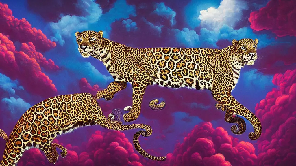 Image similar to highly detailed painting of a dream involving jaguars in colorful clouds in the middle of the night by oliver vernon artist, joseph moncada, damon soule, manabu ikeda, kilian eng, moebius, nico delort, kyle hotz, dan mumford, otomo, 4 k resolution