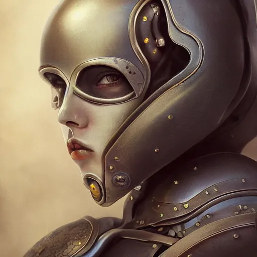 Image similar to tom bagshaw, curiosities carnival fallout, photorealistic medium shot soft paint of a single beautiful bald female full long futuristic metallic armor very tight metal helmet tentacles geared ornate, face, gynoid cyborg body, accurate features, focus, very intricate ultrafine details, award winning masterpiece