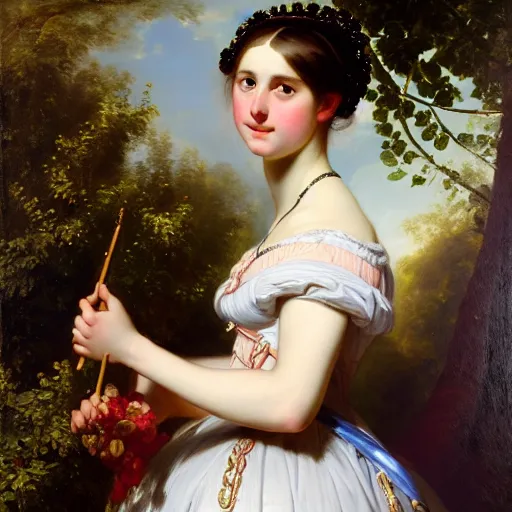 Image similar to portrait of a german teenage princess, circa 1 8 5 0 by franz xaver winterhalter, highly detailed, beautiful, oil on canvas, 1 8 5 0 s, romanticism