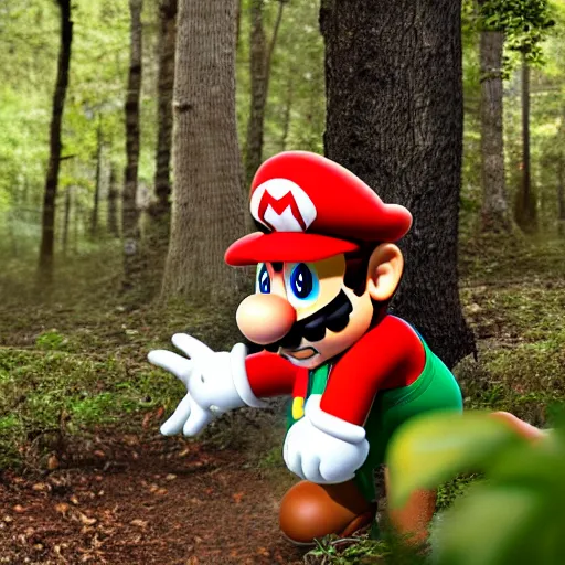 Image similar to real life photograph of Super Mario in the woods, discovering a bright red and white mushroom, his face is filled with extreme surprise, 4K award winning photography