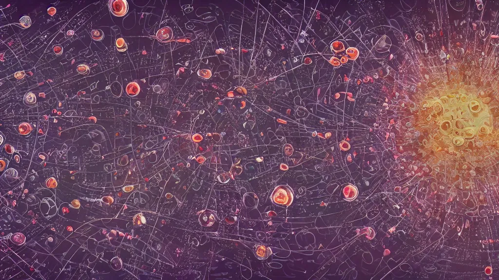 Prompt: a beautiful dreamy painting of a viruses inside a high-resolution television screen, dark, sinister, detailed scientific and mathematical diagram and retro sci-fi style