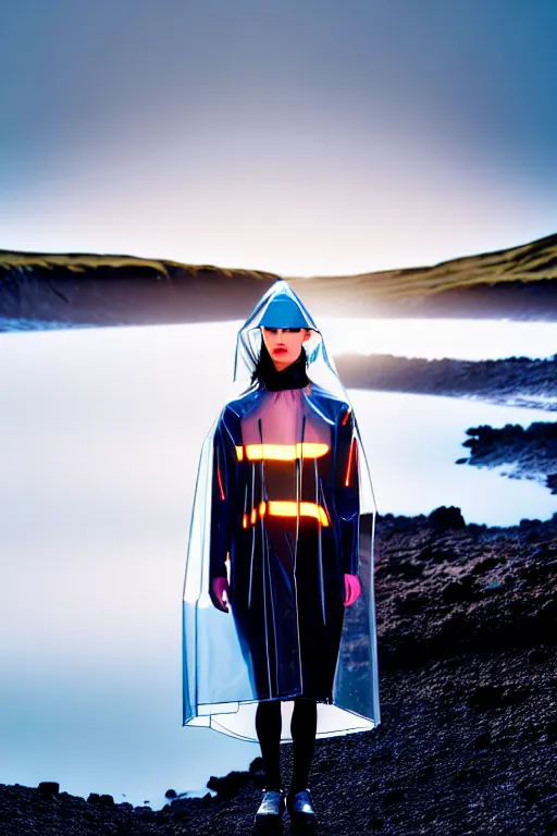 Image similar to an ultra high definition professional high fashion portrait studio full length photograph of a model wearing a transparent pearlescent raincoat and neon visor in an icelandic black rock environment at dawn. no artefacts. extremely detailed. stark. refraction. shallow depth of field. volumetric light and shadow. ray tracing. light rays.